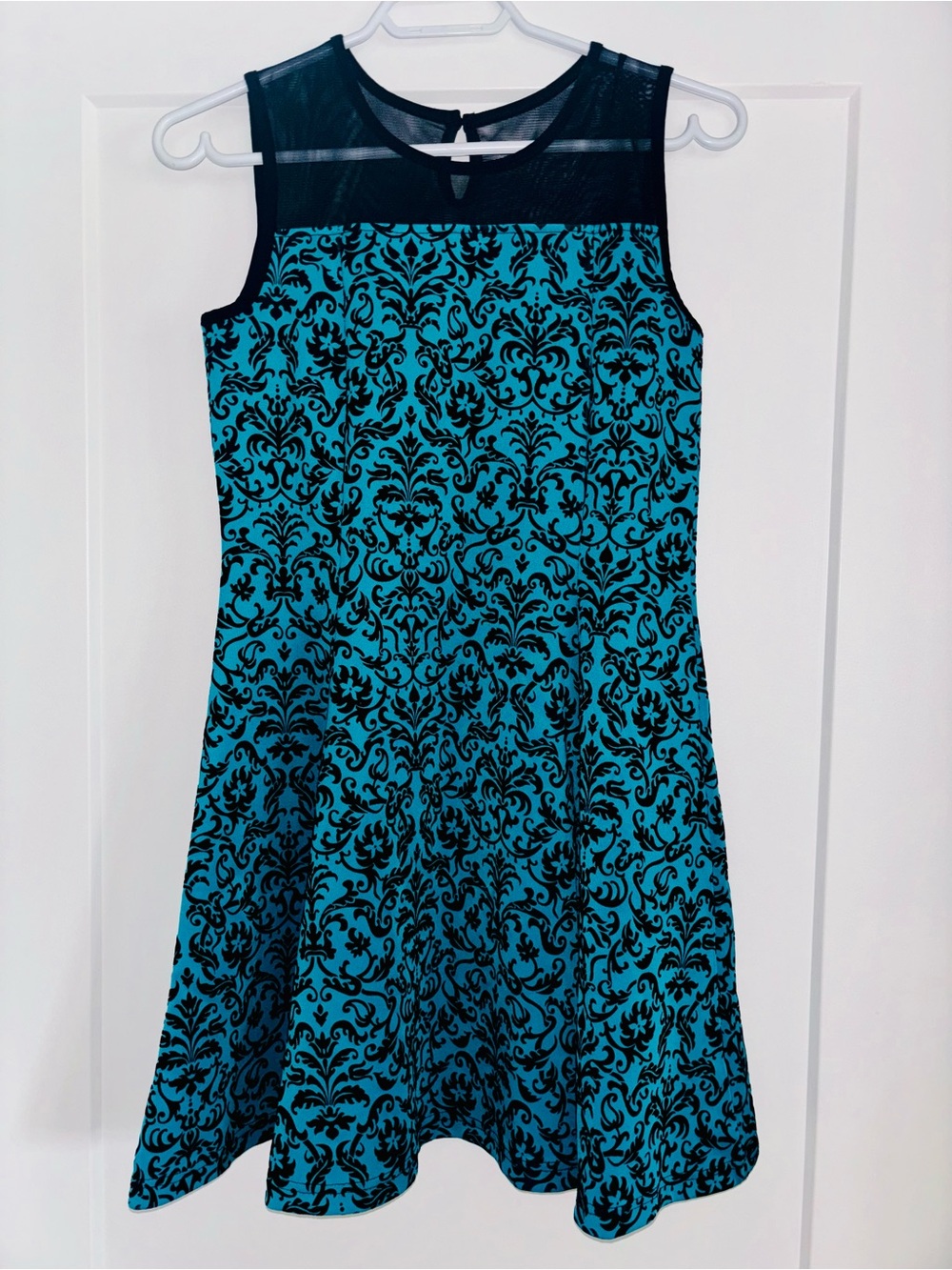 Newberry Special Occasions Dress Black Velvet on Teal Blue Flared Skirt Size 14